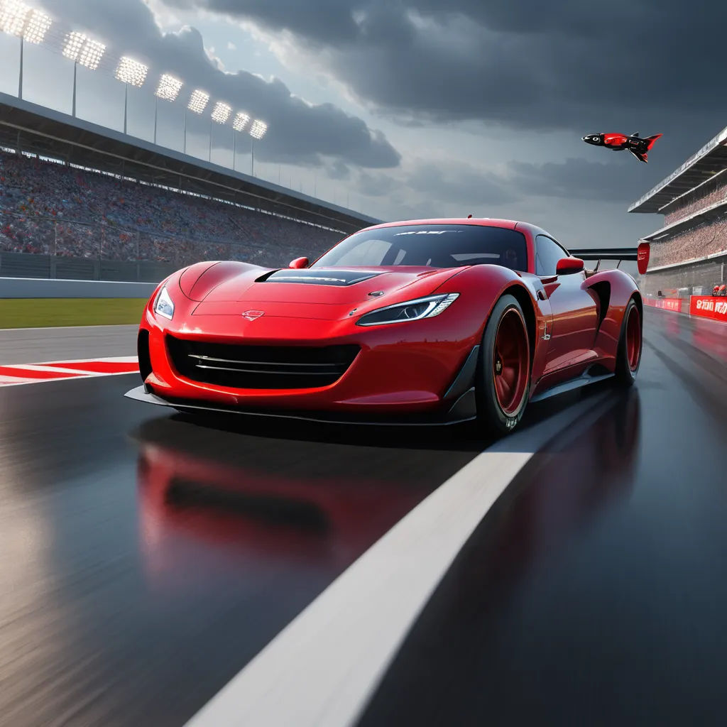 a red sports car driving on a track with a sky background and a stadium in the background with a red and white stripe, photorealism, a computer rendering, Cornelisz Hendriksz Vroom, raytracing