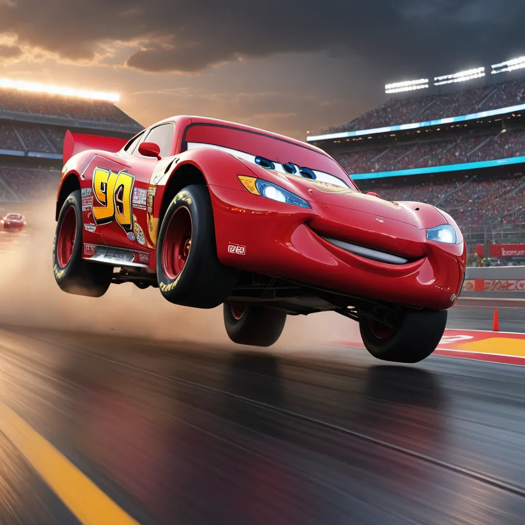 a red car is racing on a track with a stadium in the background and a cloudy sky above it, sots art, a 3D render, Cornelisz Hendriksz Vroom, unreal engine 5 highly rendered