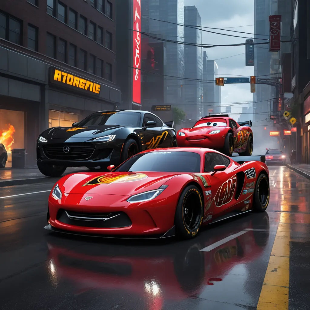 a group of cars driving down a street next to tall buildings in a city at night time with a neon sign, photorealism, computer graphics, Cornelisz Hendriksz Vroom, unreal engine 5 highly rendered