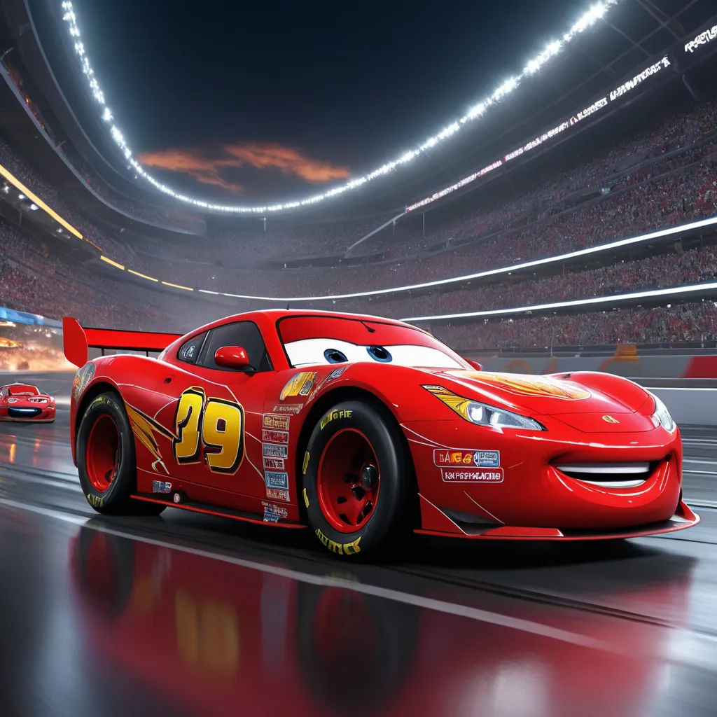 a red car with a number on it driving through a stadium at night with a crowd of people watching, photorealism, a 3D render, Eddie Mendoza, unreal engine 5 highly rendered