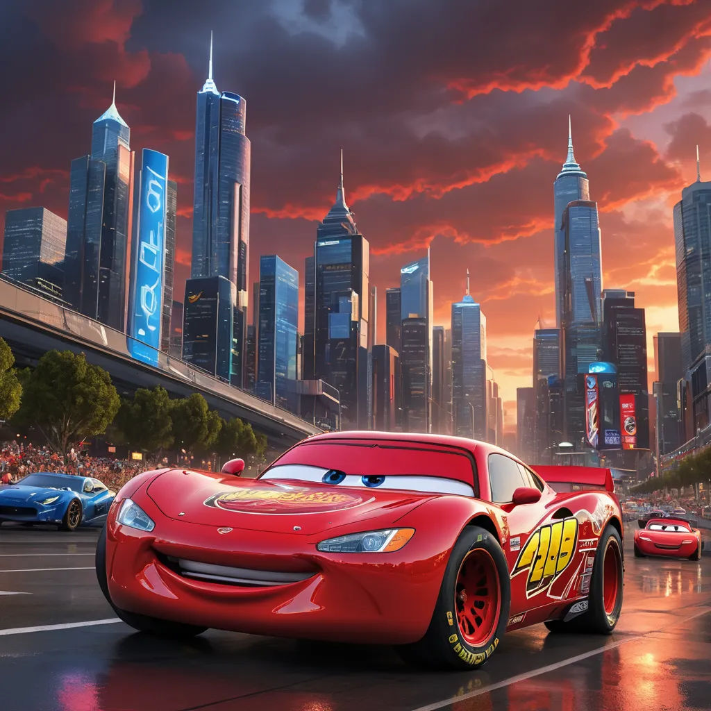 a cartoon character is driving a red car in a city at sunset with a red sky and clouds behind him, maximalism, poster art, Eddie Mendoza, pixar and disney animation