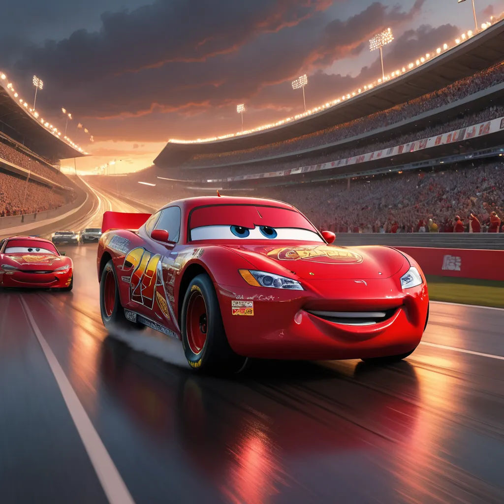 a scene of cars racing in a race track at night with a stadium in the background and a lightning fast car in the foreground, photorealism, a renaissance painting, disney, pixar and disney animation