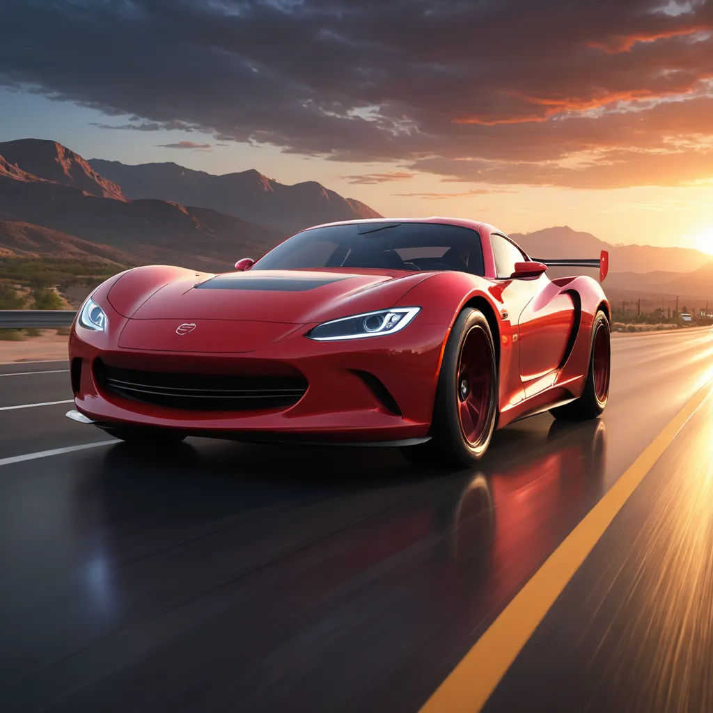 a red sports car driving down a highway at sunset or dawn with mountains in the background and a bright orange glow, cobra, a digital rendering, Cornelisz Hendriksz Vroom, path tracing