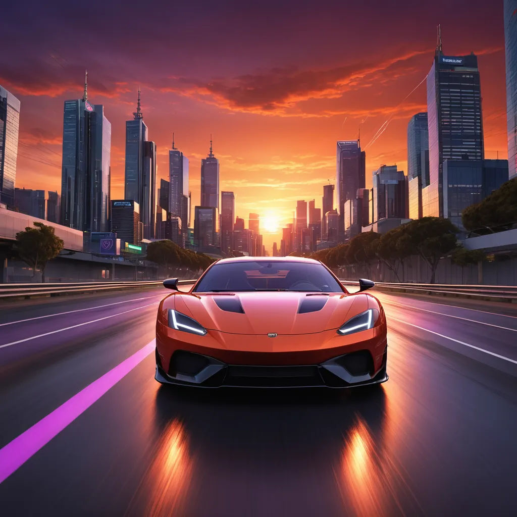 a red sports car driving down a city street at sunset with a city skyline in the background and a bright orange glow, futurism, computer graphics, Altichiero, affinity photo