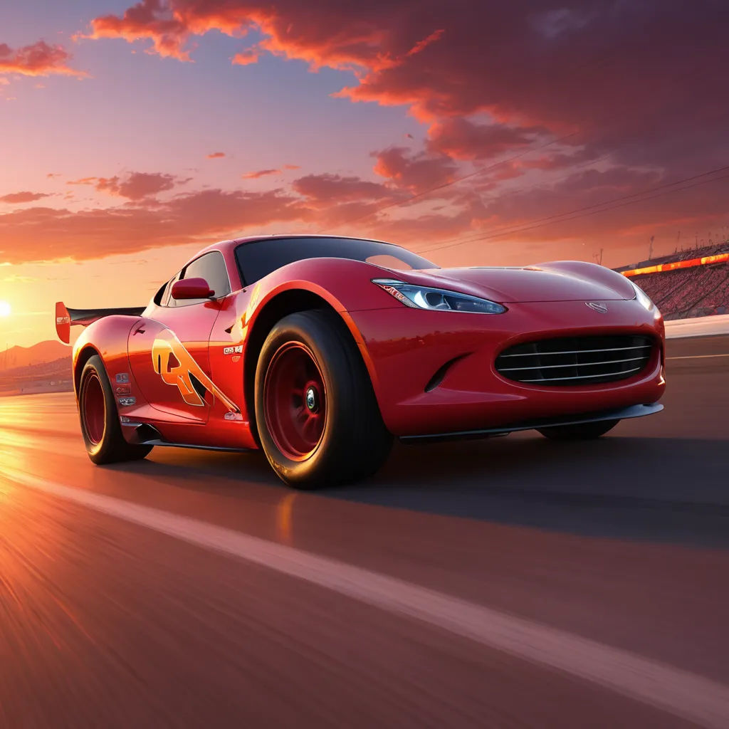 a red sports car driving down a road at sunset or dawn with the sun behind it and a red sky, photorealism, a computer rendering, Cornelisz Hendriksz Vroom, unreal engine render