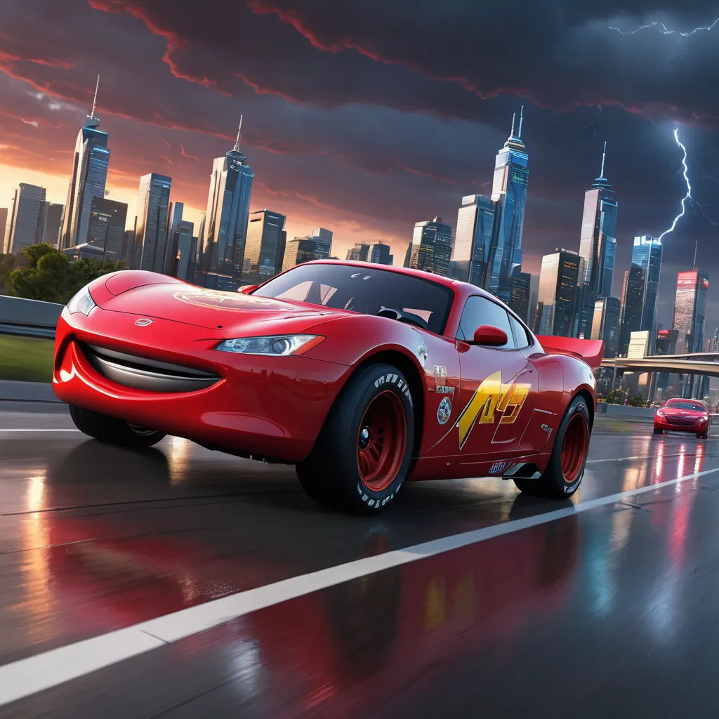 a red sports car driving down a city street at night with lightning in the sky above it and a red car on the road, sots art, concept art, Eddie Mendoza, cinematic lightning