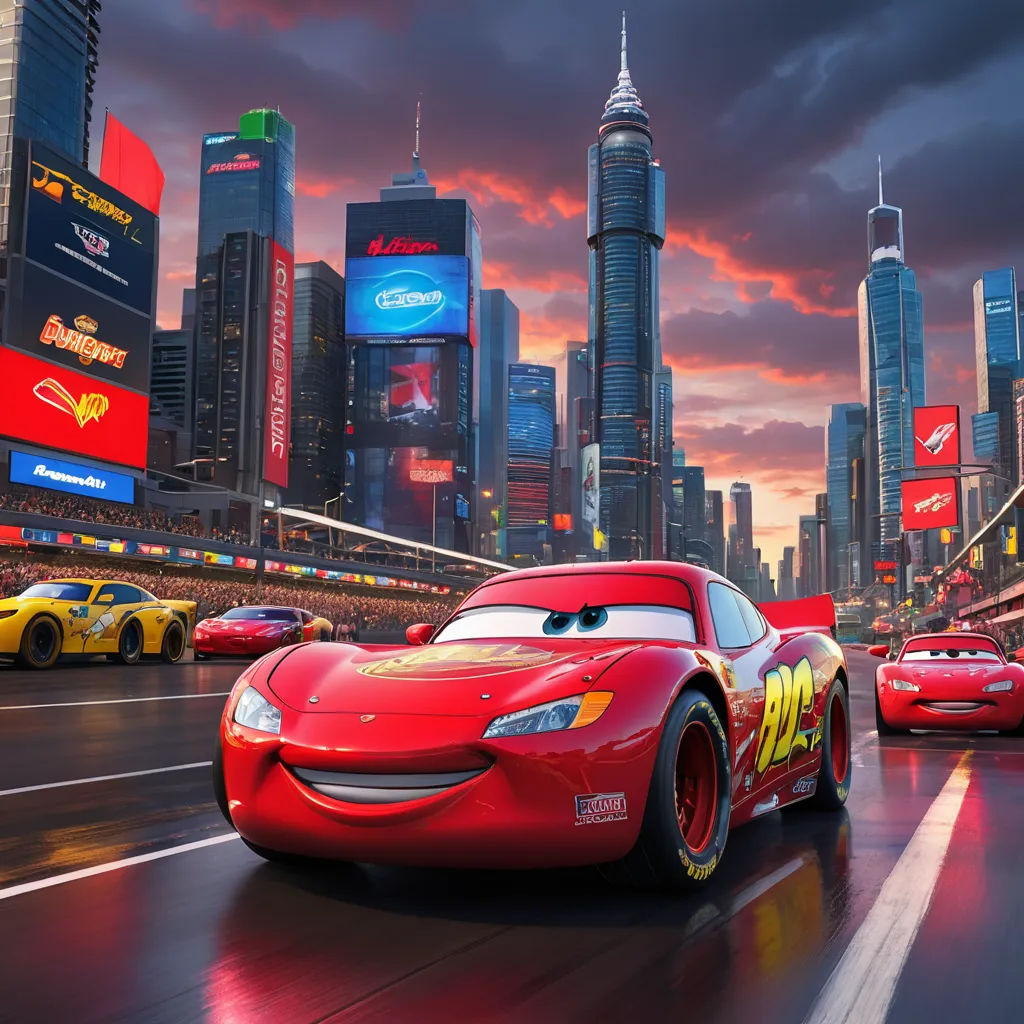 a cartoon character is driving a car in a movie scene with other cars in the background and a city skyline, excessivism, concept art, Eddie Mendoza, pixar and disney animation