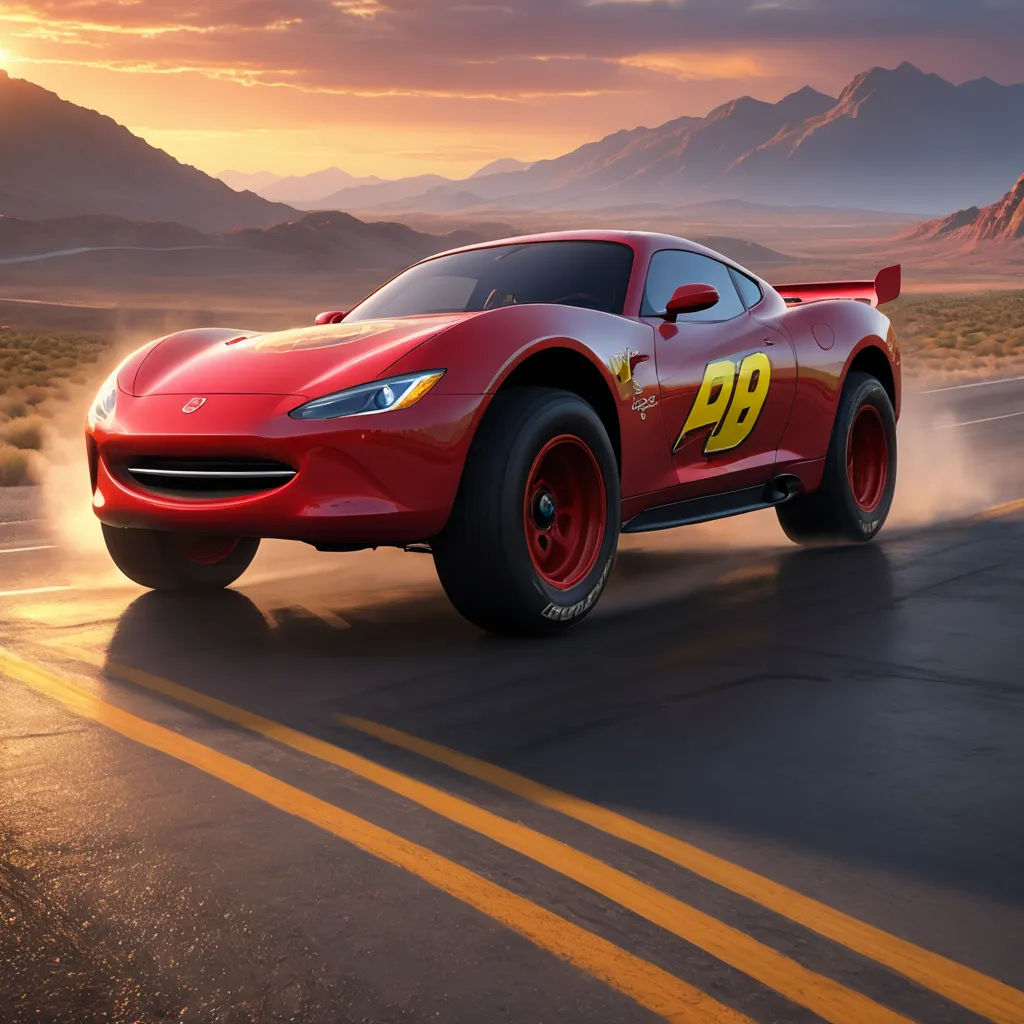 a red sports car driving down a road with mountains in the background at sunset or dawn with a yellow number 99 on the front, photorealism, concept art, Eddie Mendoza, realistic render