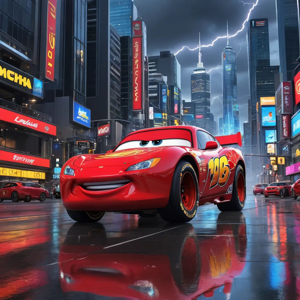 a cartoon character is driving a red car in a city at night with lightning in the background and a lightning bolt in the sky, panfuturism, concept art, Eddie Mendoza, cinematic lightning