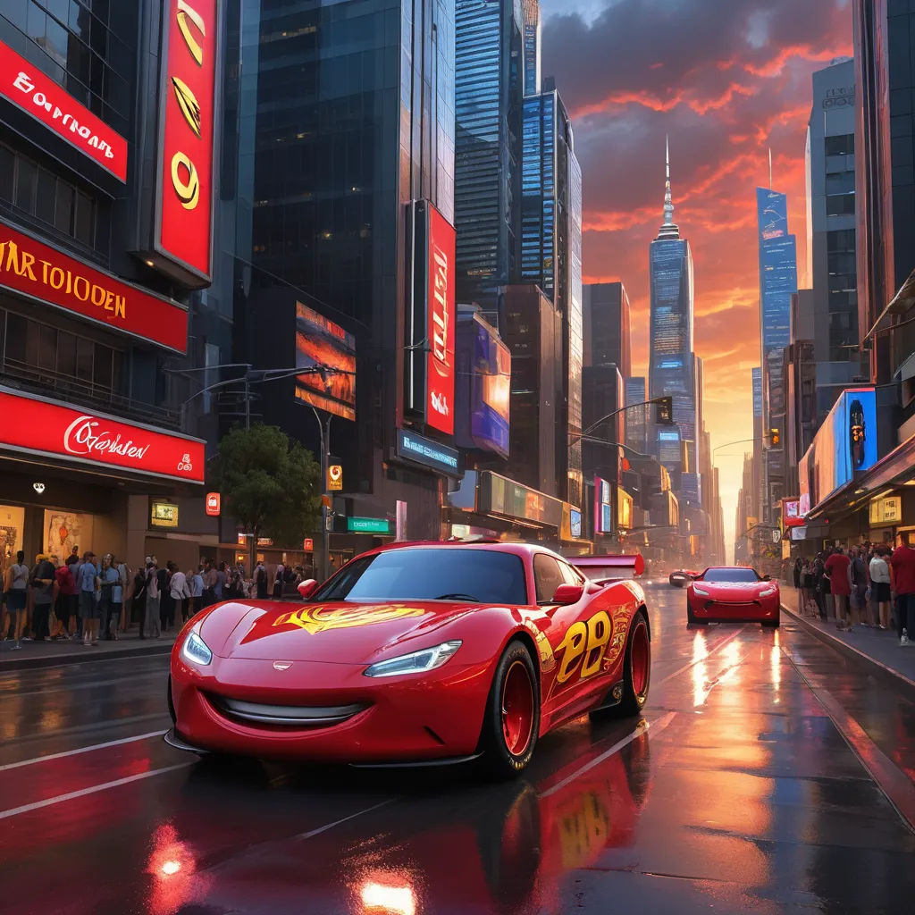 a red sports car driving down a street in a city at sunset with people standing on the sidewalk and a red neon sign, photorealism, a detailed matte painting, Eddie Mendoza, 8 k concept art