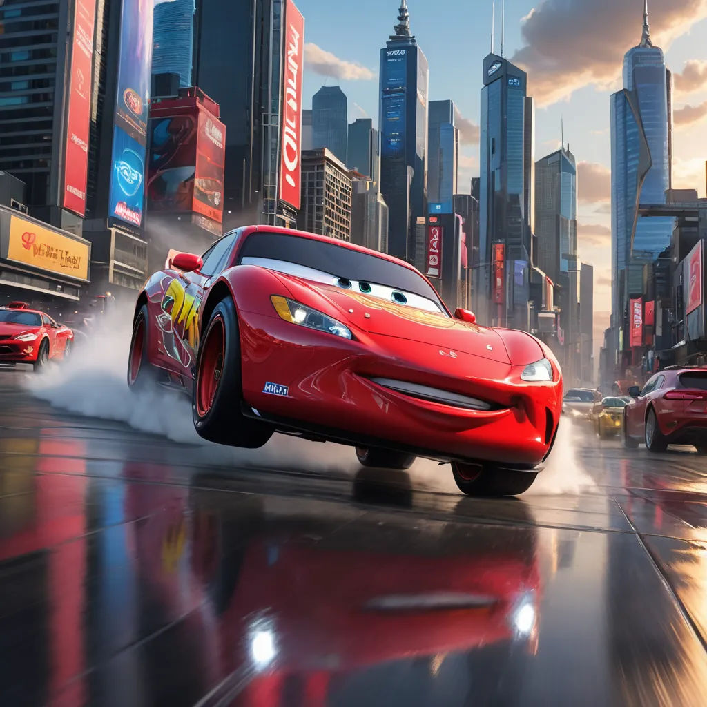 a cartoon character is driving a red car in the city with skyscrapers in the background and a red car in the foreground, panfuturism, concept art, Eddie Mendoza, pixar and disney animation