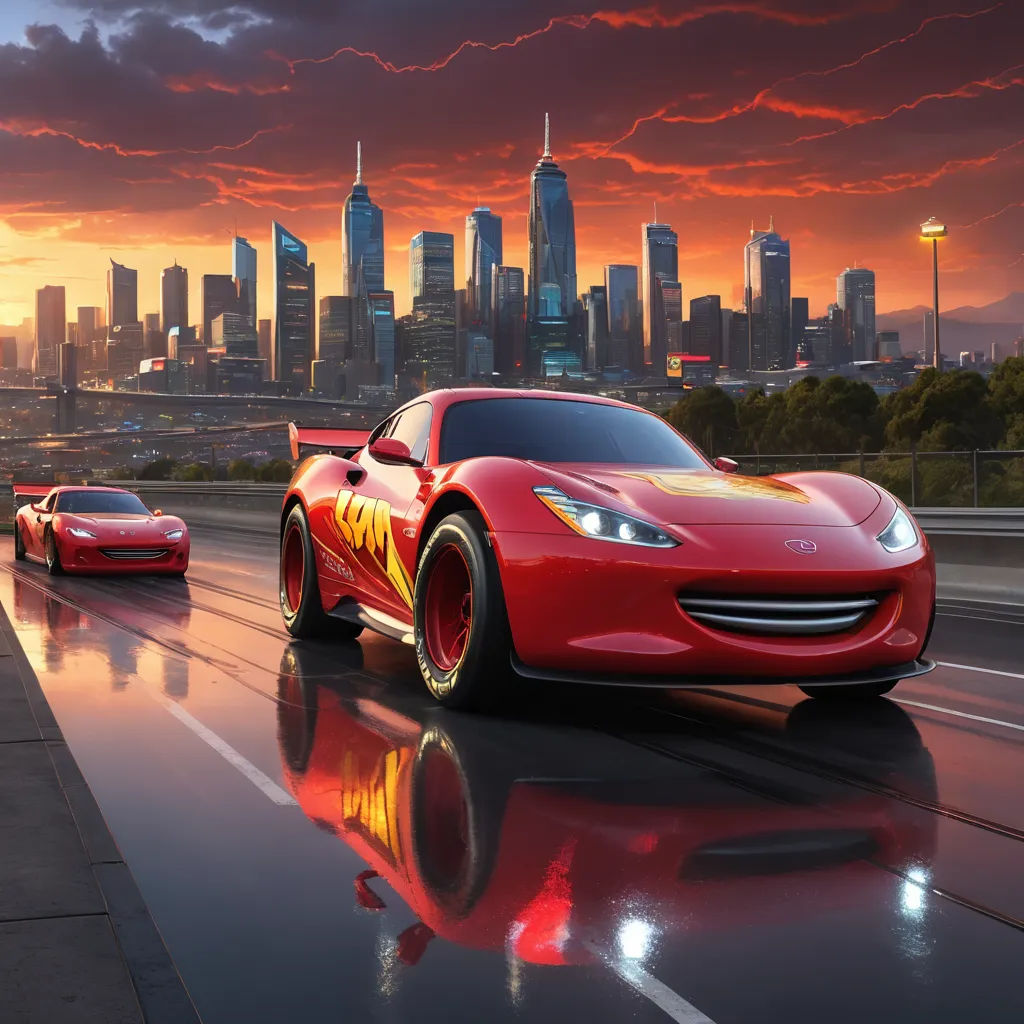 a red sports car driving down a highway with a city in the background at sunset or dawn with a reflection on the wet surface, photorealism, a detailed matte painting, Eddie Mendoza, cinematic photography