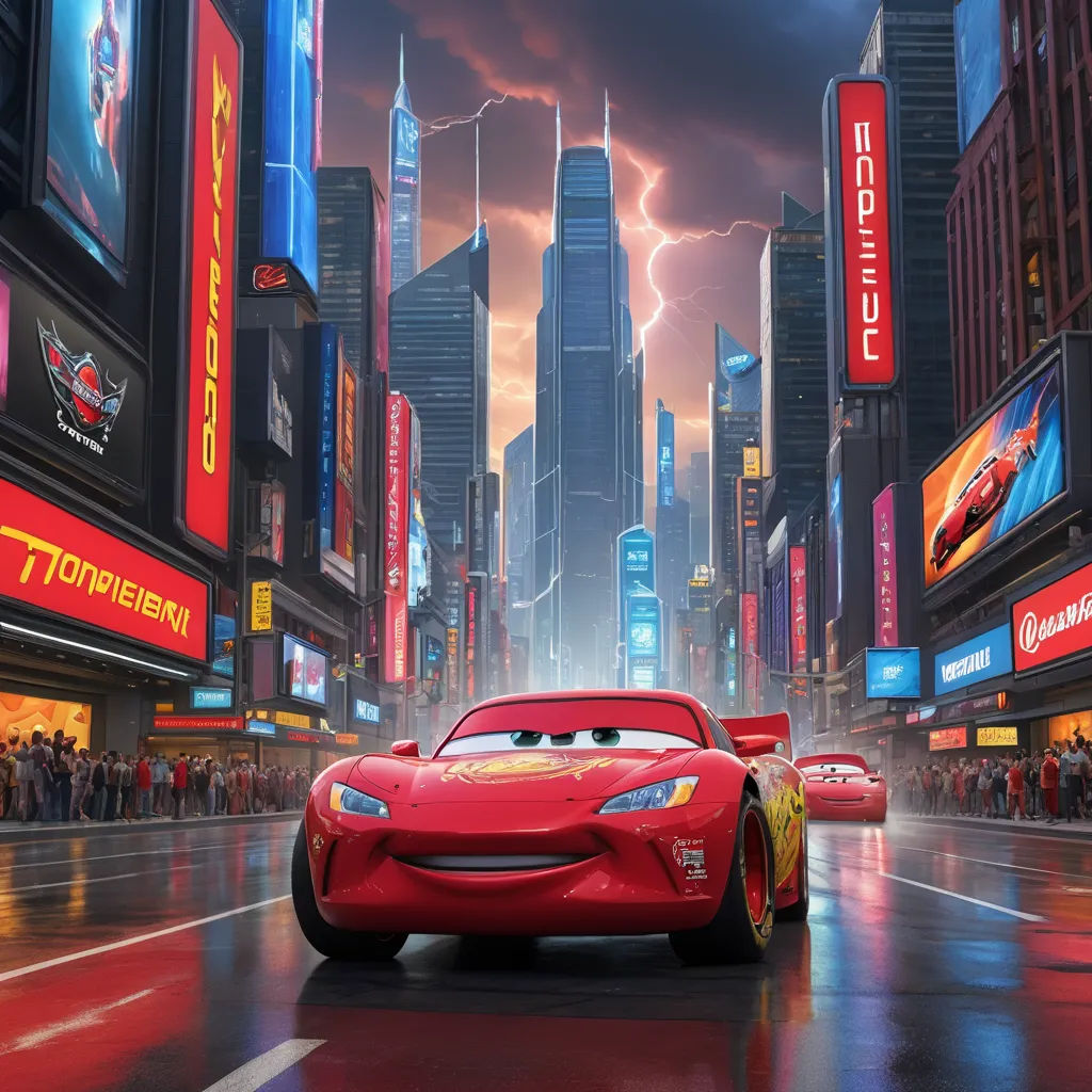 a cartoon character is driving a red car in a city with neon signs and neon lights on the buildings, excessivism, a detailed matte painting, Eddie Mendoza, cinematic lightning