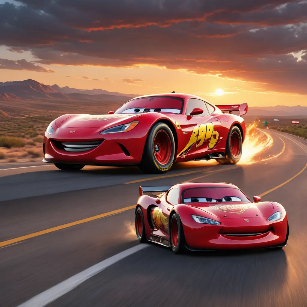 two cars driving down a road with a sunset in the background and a cloudy sky in the background, with a red car with a yellow flame on the front, photorealism, concept art, disney, pixar and disney animation