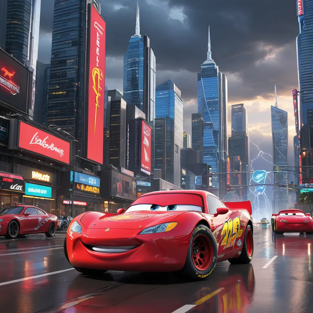 a cartoon character is driving a red car in the city with other cars in the background and a dark sky, futurism, concept art, Eddie Mendoza, pixar and disney animation
