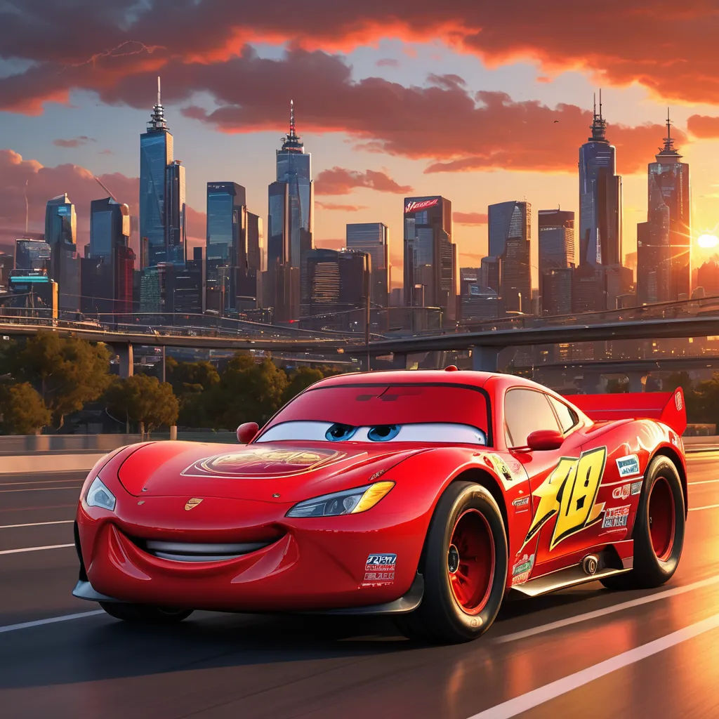 a cartoon character is driving a red car in front of a city skyline with a sunset in the background, maximalism, a stock photo, Eddie Mendoza, pixar and disney animation