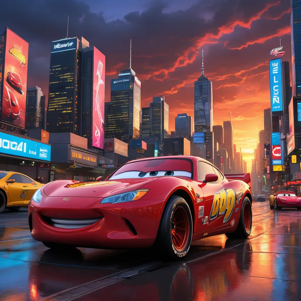 a cartoon character is driving a red car in a city at sunset with other cars in the background and a cityscape in the background, excessivism, concept art, Eddie Mendoza, pixar and disney animation