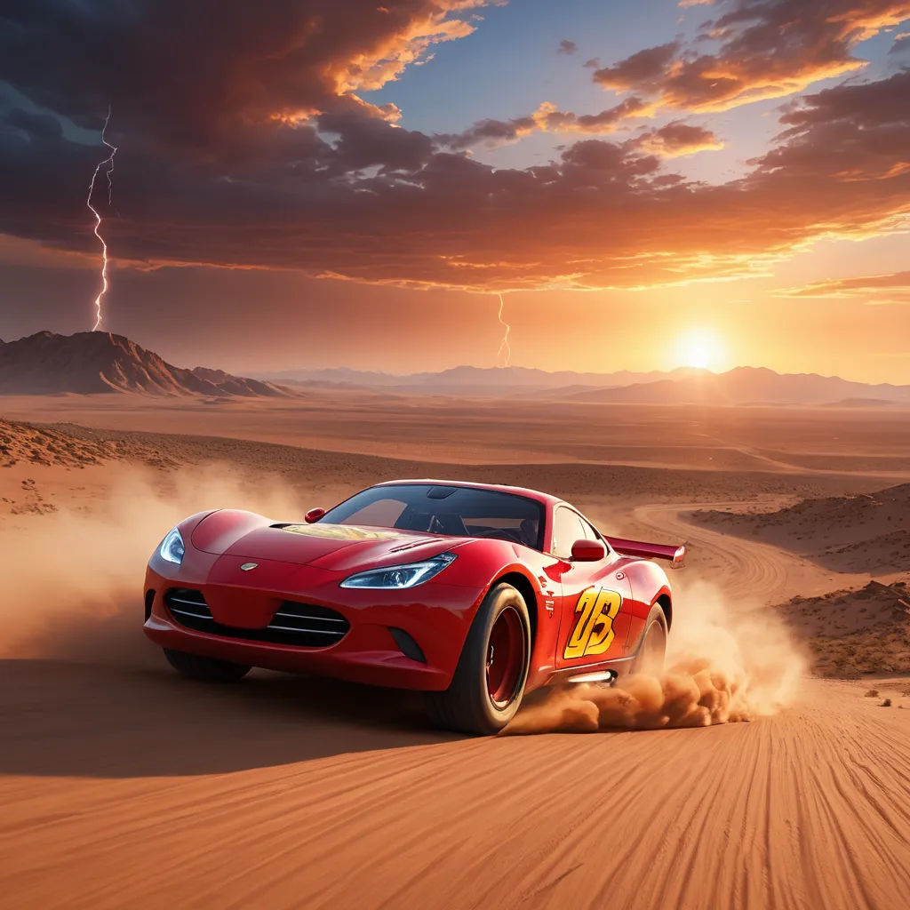 a red sports car driving through the desert at sunset with a lightning bolt in the background and a lightning bolt in the sky, photorealism, a detailed matte painting, Chris LaBrooy, unreal engine render