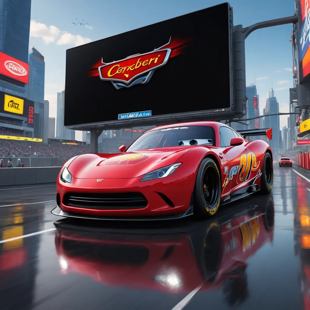 a red sports car driving down a race track in a city with a large screen in the background that says carrol, cobra, computer graphics, Cornelisz Hendriksz Vroom, realistic render