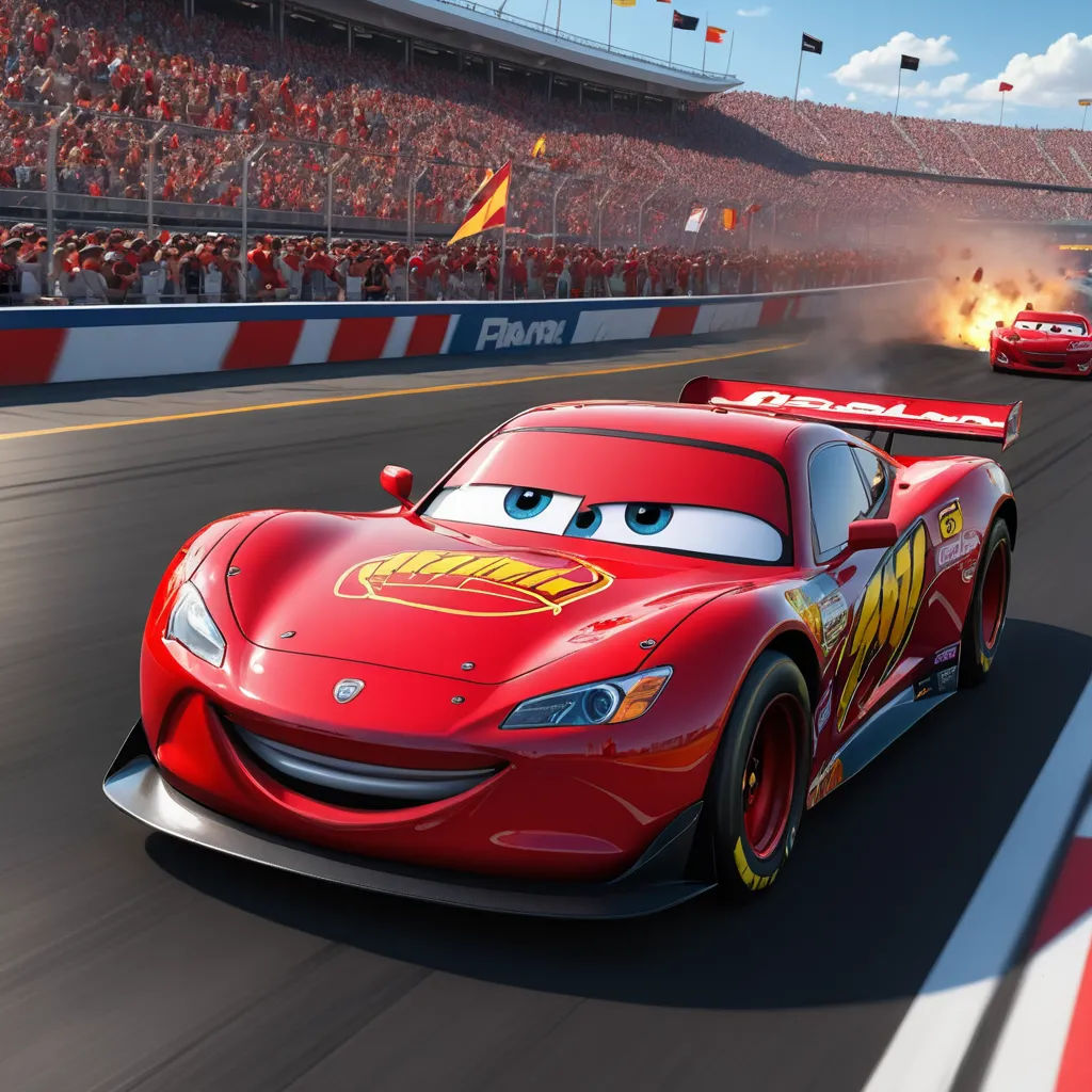 a cartoon character is driving a red car in a race track with a crowd of people watching from the stands, photorealism, a stock photo, Donald Roller Wilson, pixar and disney animation