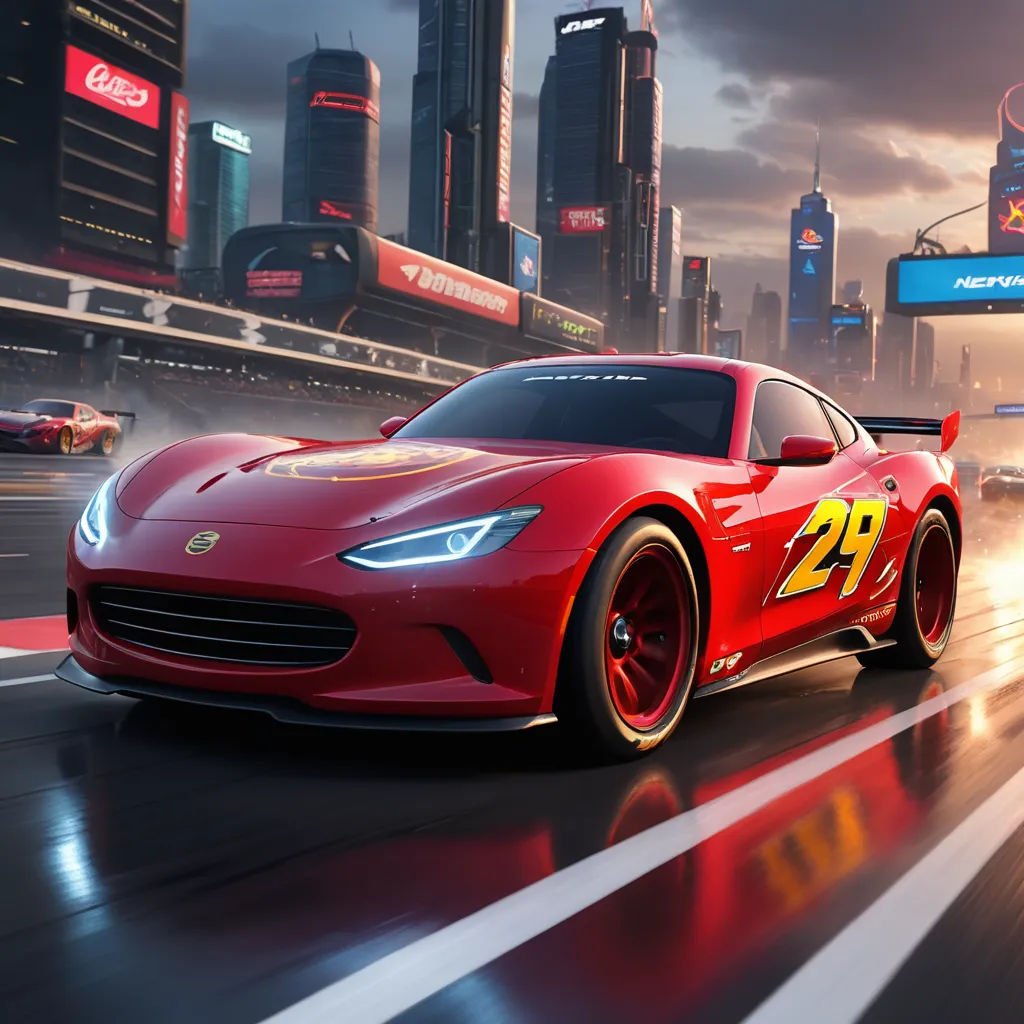 a red sports car driving down a city street at night with a sky background and a city skyline in the background, photorealism, concept art, Cornelisz Hendriksz Vroom, f 8 aperture