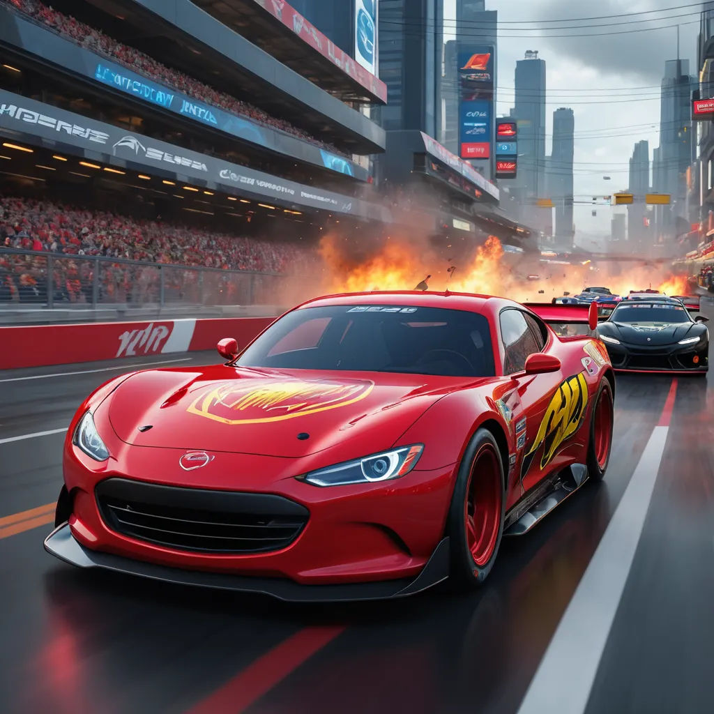 a red sports car driving down a race track with a lot of flames coming out of it's hood, photorealism, computer graphics, Dan Luvisi, f 8 aperture
