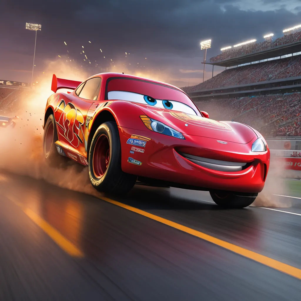 a cartoon character is driving a red car on a track with a stadium in the background and a stadium in the foreground, photorealism, a stock photo, Cornelisz Hendriksz Vroom, pixar and disney animation