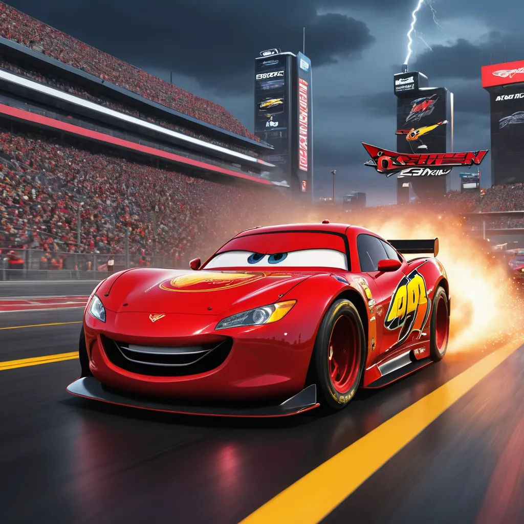 a red car driving down a race track with lightning in the background and a stadium full of people watching, photorealism, computer graphics, Eddie Mendoza, pixar and disney animation