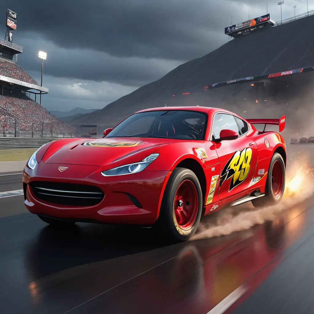 a red sports car driving on a track with a sky background and a stadium in the background with a cloudy sky, photorealism, concept art, Cornelisz Hendriksz Vroom, unreal engine 5 highly rendered