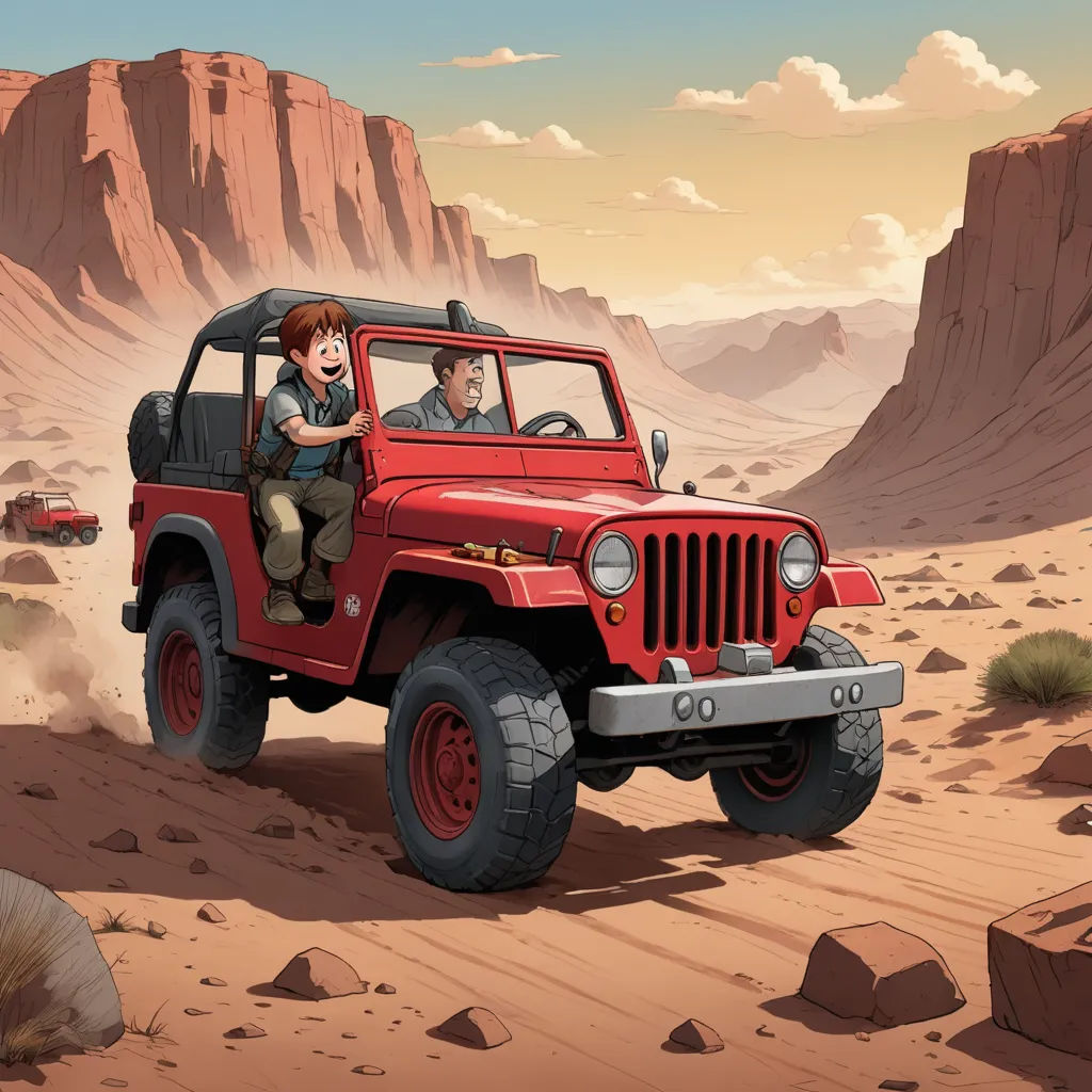a cartoon of a man and a woman driving a jeep through the desert with a jeep in the background, sots art, a storybook illustration, Cliff Childs, official art