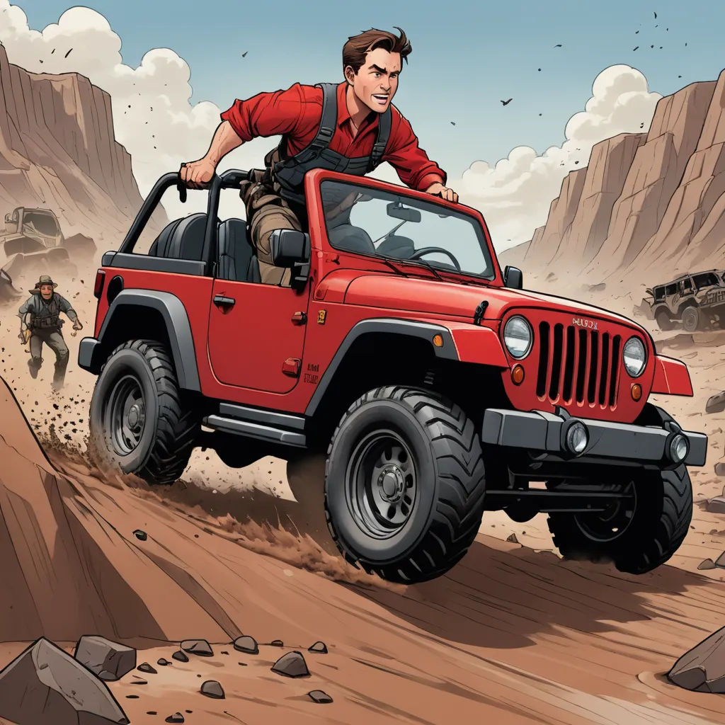 a man riding on the back of a red jeep through a desert landscape with a jeep in the background, serial art, a comic book panel, Cliff Childs, western comic book art