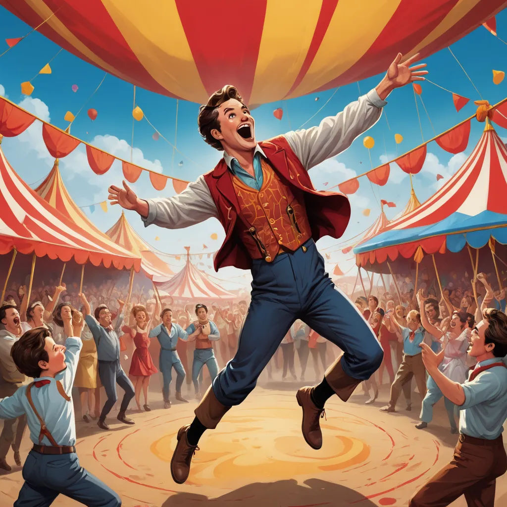 a man in a circus jumps into the air as people watch him dance around him and other people are in the circus, magical realism, a storybook illustration, Bob Byerley, highly detailed digital painting