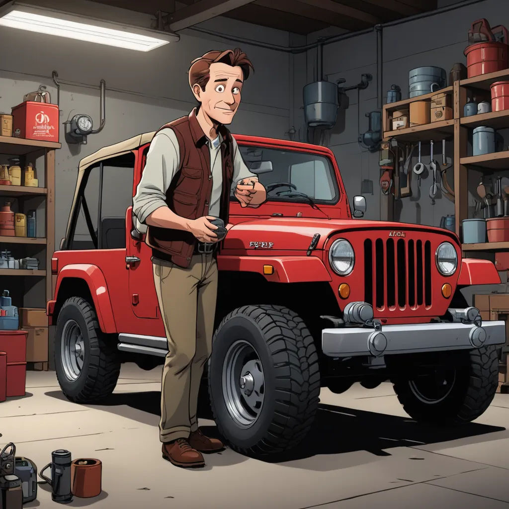 a man standing next to a red jeep in a garage with shelves of tools and other items on the wall, serial art, concept art, Dean Roger, promotional image