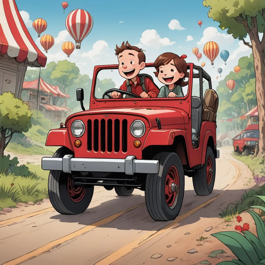 a cartoon of a couple driving a red jeep through a park with hot air balloons in the sky above, american scene painting, a comic book panel, Cliff Childs, promotional image