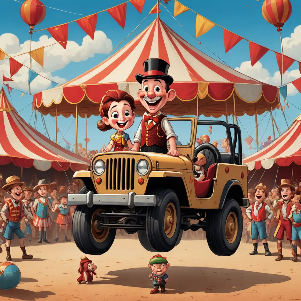 a cartoon of a man and a woman riding on a jeep in front of a circus tent with people, american scene painting, a storybook illustration, Chris LaBrooy, highly detailed digital painting