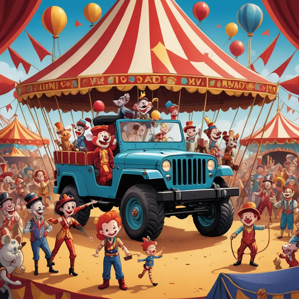 a painting of a circus with clowns and a jeep in front of a circus tent with clowns, fantastic realism, a detailed matte painting, Bob Byerley, highly detailed digital painting