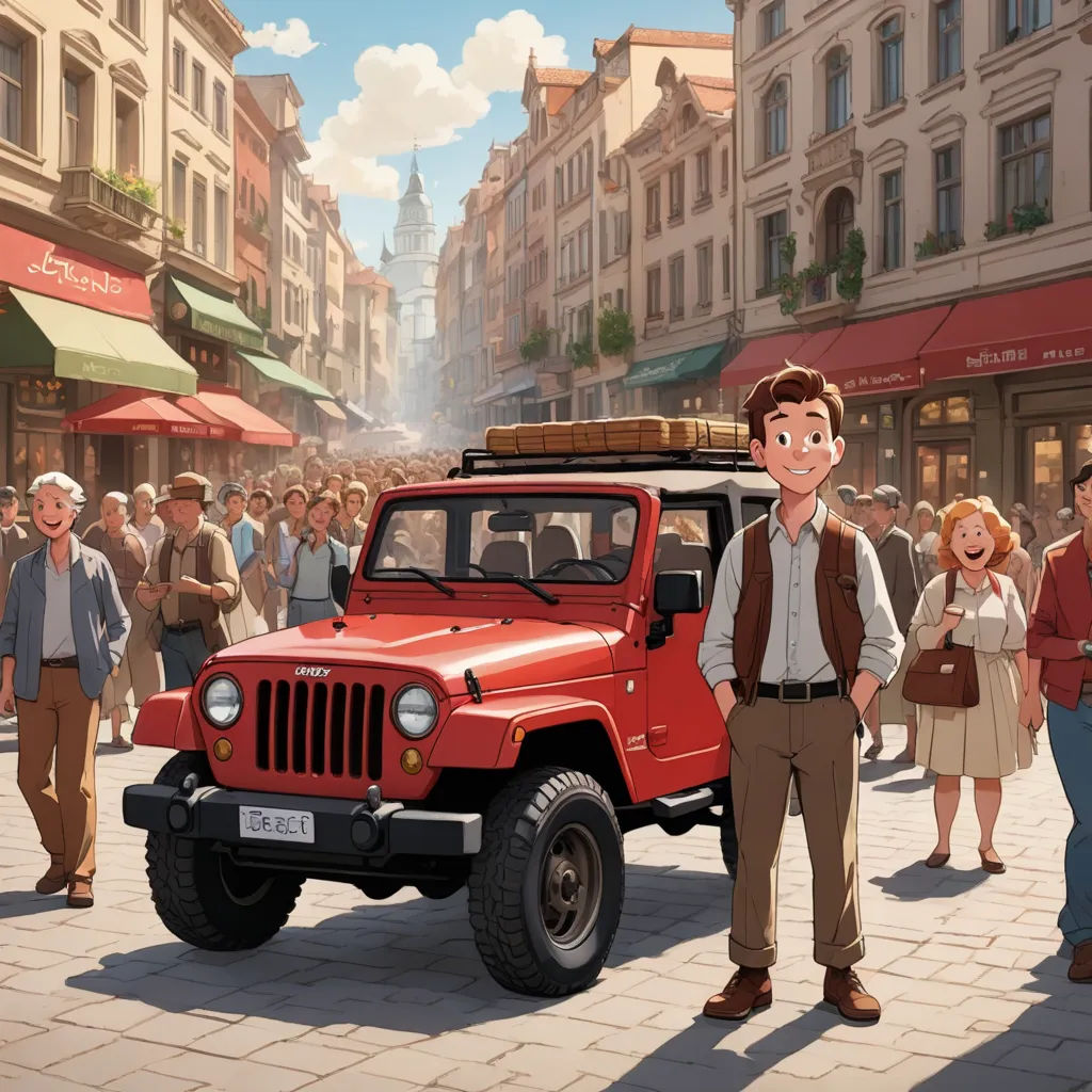 a cartoon of a man standing in front of a red jeep in a crowded city street with people walking around, fantastic realism, a detailed matte painting, Chris LaBrooy, official art