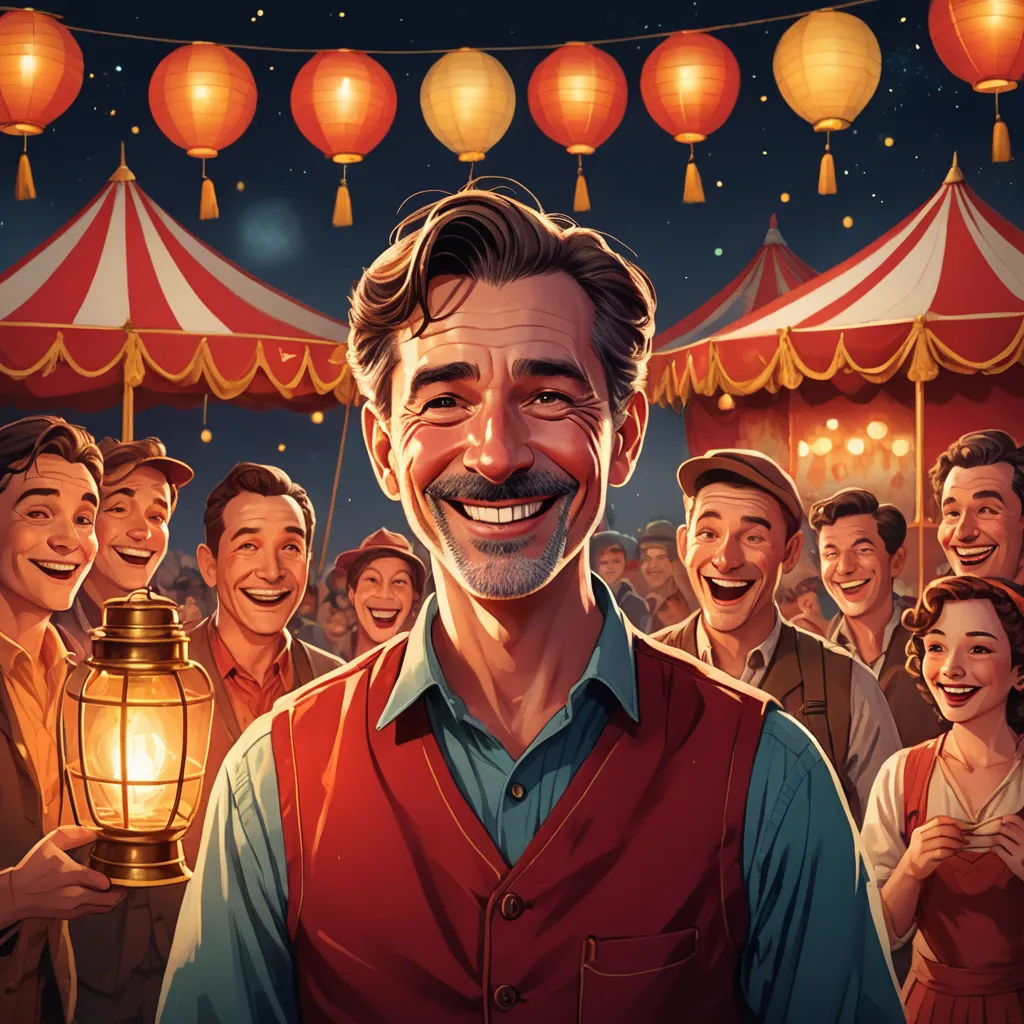 a man holding a lantern in front of a crowd of people at a carnival at night with lanterns hanging from the ceiling, magic realism, a storybook illustration, Diego Gisbert Llorens, promotional image