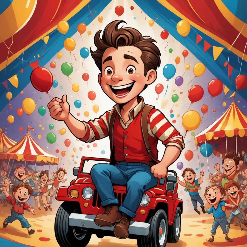 a boy is riding a jeep in a circus with balloons and balloons on the ceiling and a circus tent in the background, lyco art, a storybook illustration, Americo Makk, comic cover art