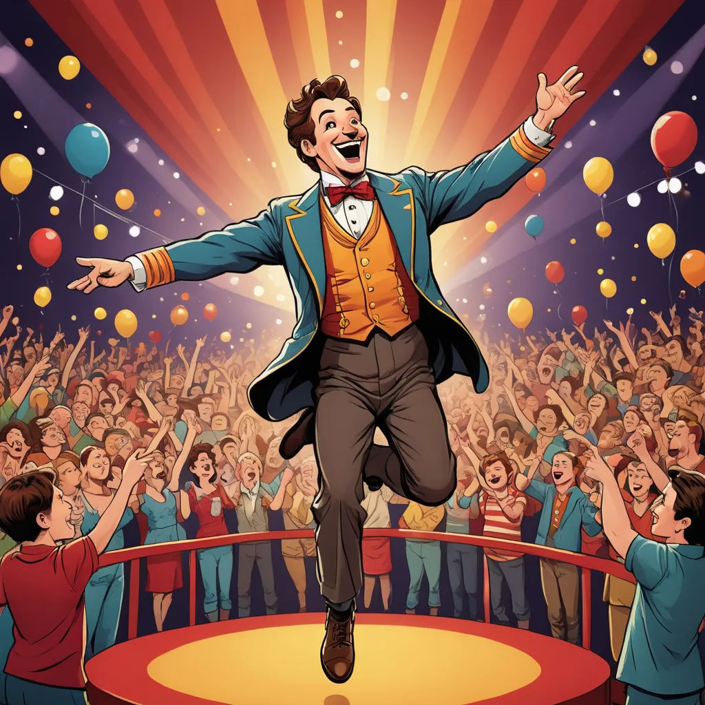 a man in a tuxedo is jumping on a trampoline with balloons in the air and people in the background, private press, a storybook illustration, Chris LaBrooy, highly detailed digital painting