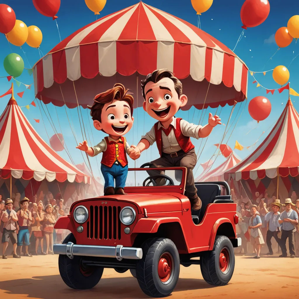 a cartoon of two people riding on the back of a red jeep in front of a circus tent with balloons, american scene painting, a storybook illustration, Bob Byerley, promotional image