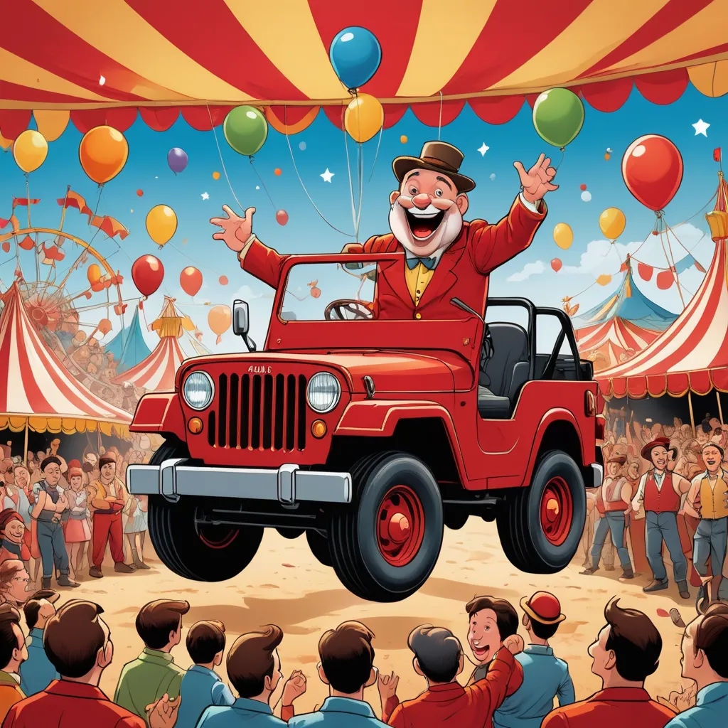 a man in a red suit is riding on a red jeep in front of a circus tent with balloons, excessivism, a stock photo, Andrew Robertson, highly detailed digital painting