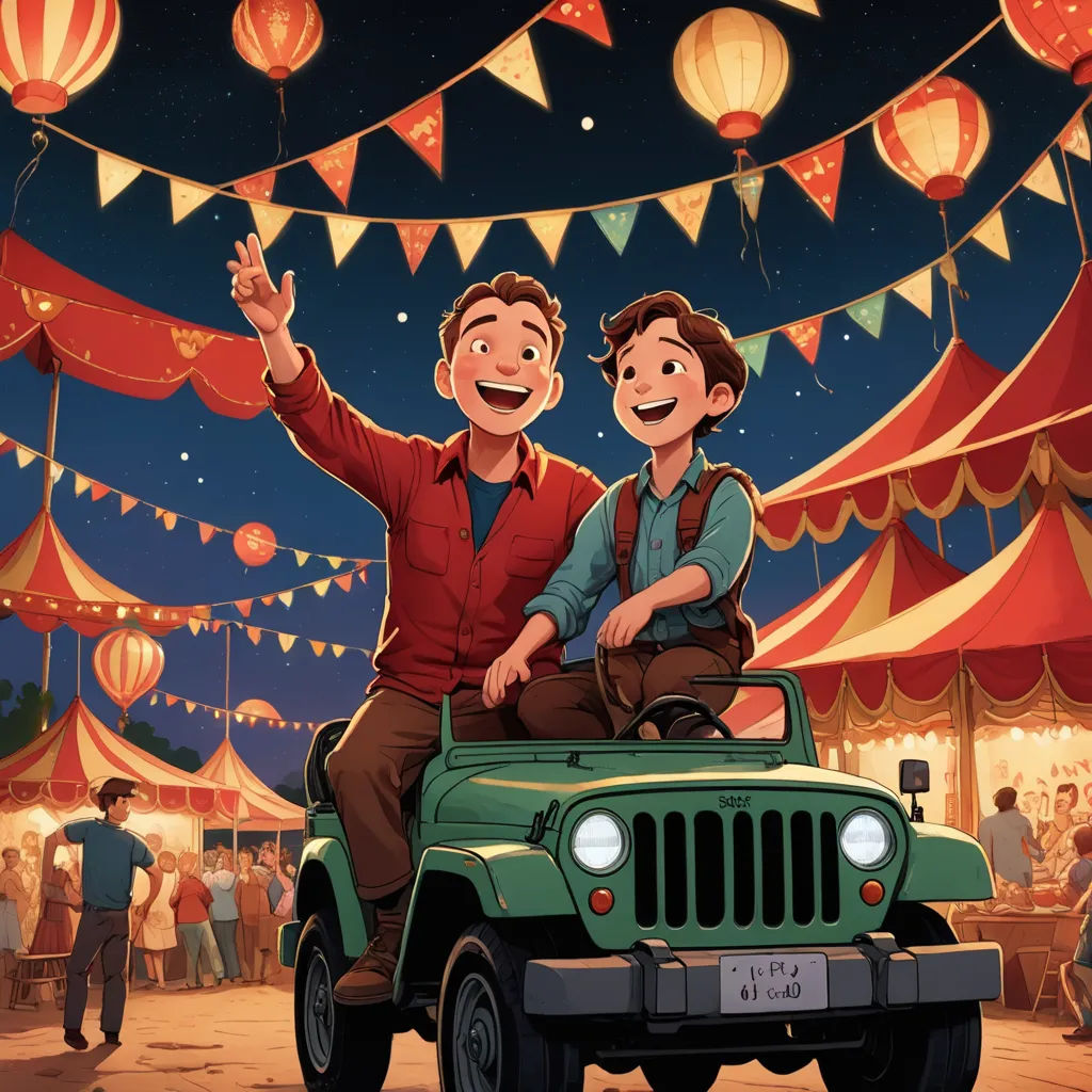a couple of people that are sitting on a jeep in the street with lanterns in the background and a tent, private press, a storybook illustration, Diego Gisbert Llorens, official art