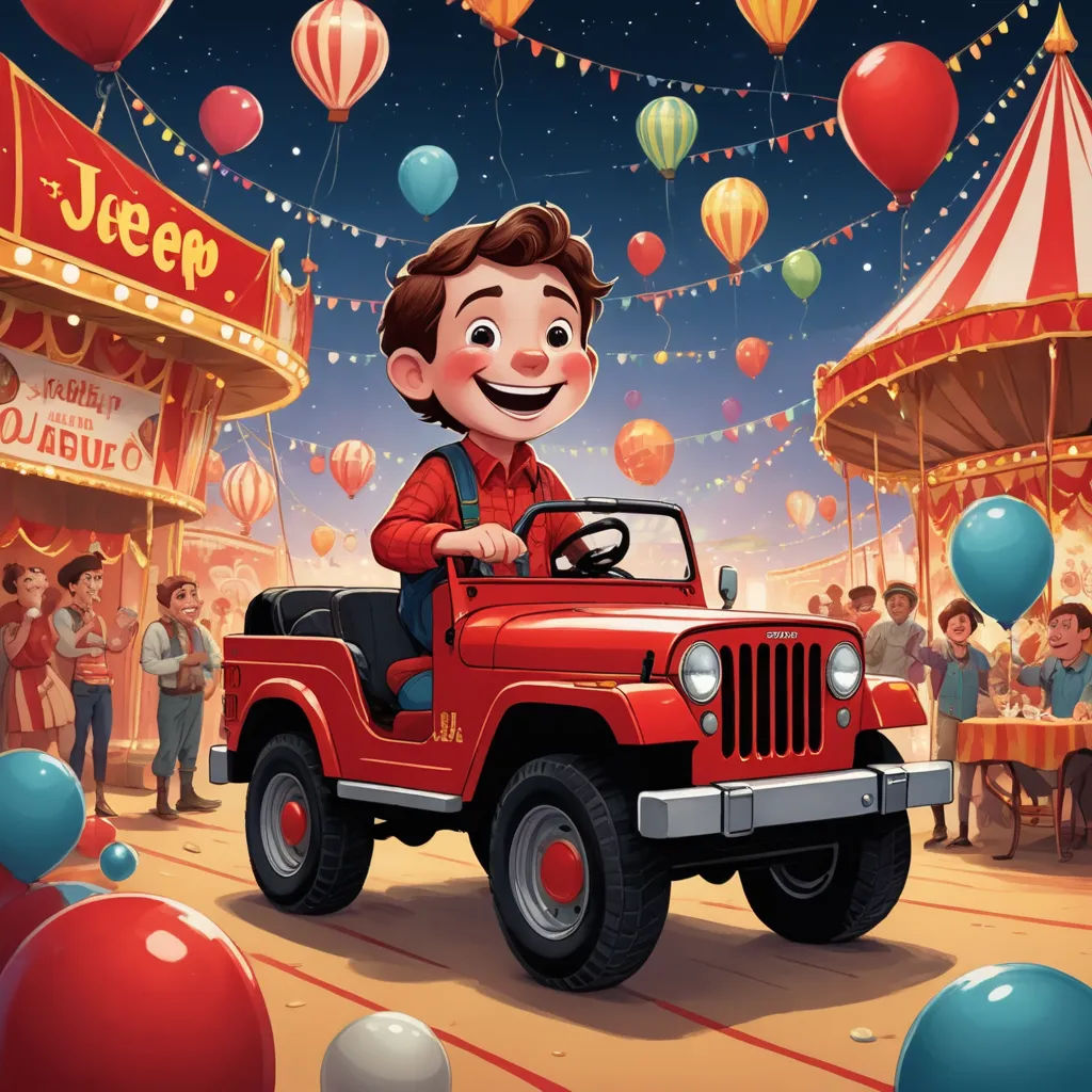 a cartoon character driving a red jeep through a carnival filled with balloons and balloons flying above it, with a circus tent in the background, american scene painting, a storybook illustration, Bob Byerley, highly detailed digital painting