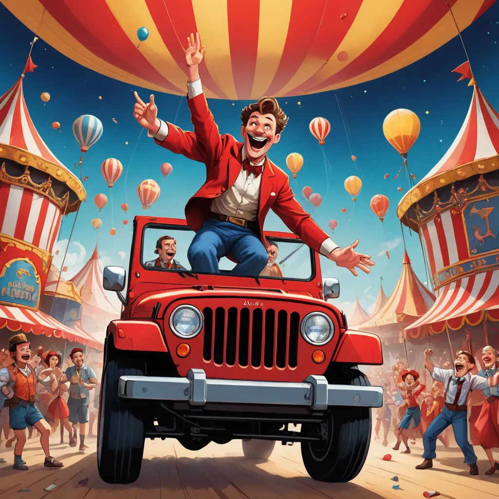 a man is riding in the back of a red jeep in a circus scene with balloons and people flying around, american scene painting, a storybook illustration, Bob Byerley, highly detailed digital painting
