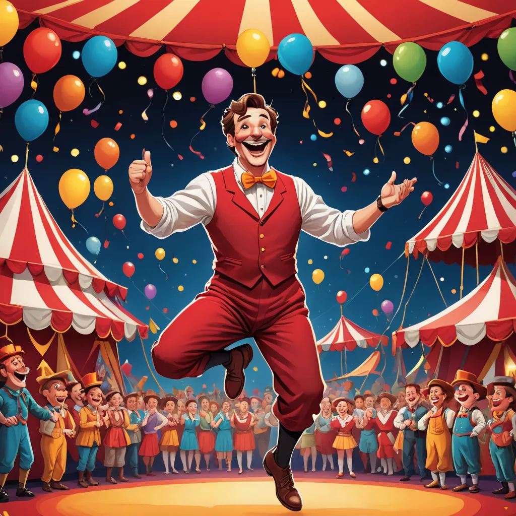 a circus clown is in the air with balloons and confetti in the air as he stands in front of a circus tent, naive art, a storybook illustration, Chris LaBrooy, highly detailed digital painting