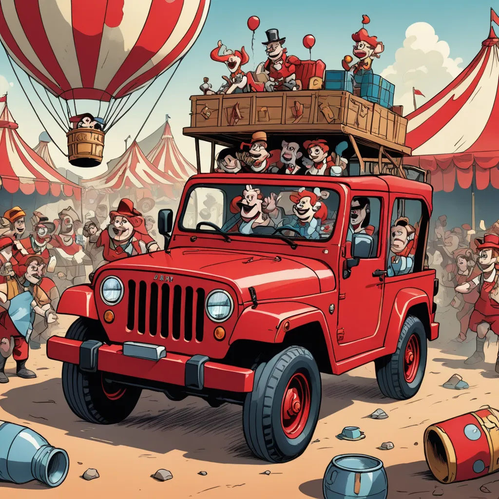 a cartoon of a red jeep with a bunch of clowns on top of it and a circus tent in the background, lyco art, a storybook illustration, Diego Gisbert Llorens, detailed illustration