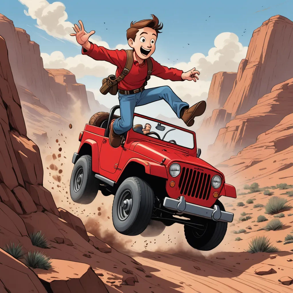 a cartoon man is jumping in the air on a jeep in the desert with a mountain background and a red jeep, american scene painting, a storybook illustration, Cliff Childs, western comic book art