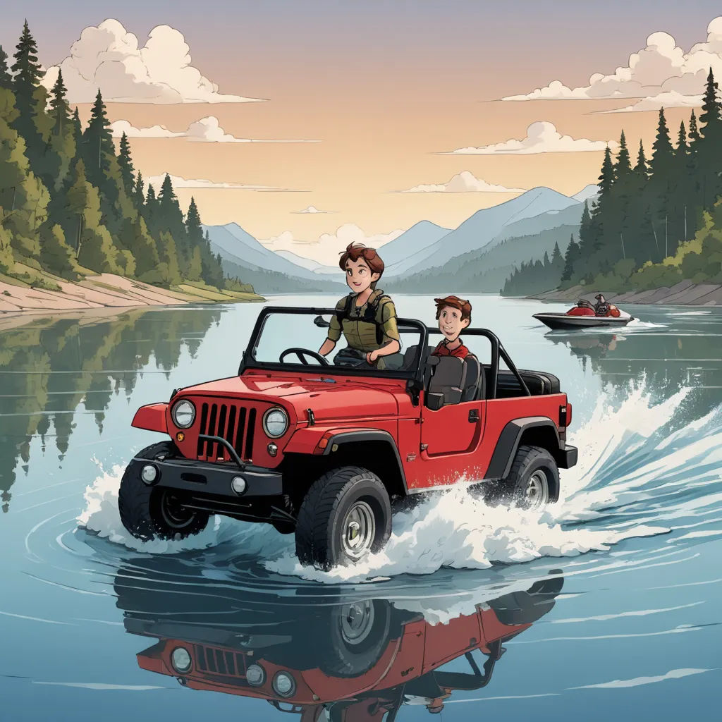a couple of people riding in a red jeep through a river with a boat in the background and a boat in the water, private press, a comic book panel, Dan Mumford, promotional image