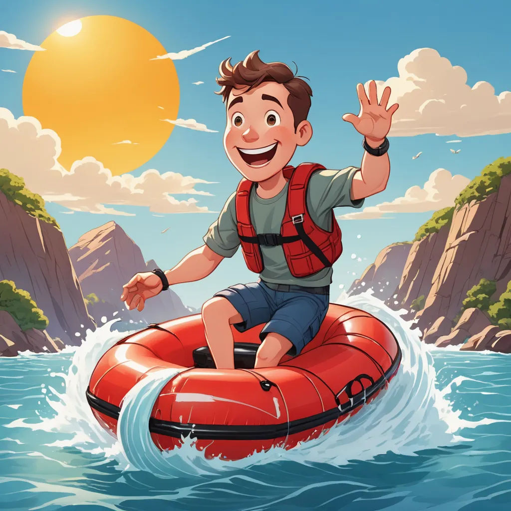 a man riding a raft in the ocean on a sunny day with a sun in the background illustration by alex krawc, sots art, a storybook illustration, Diego Gisbert Llorens, storybook illustration